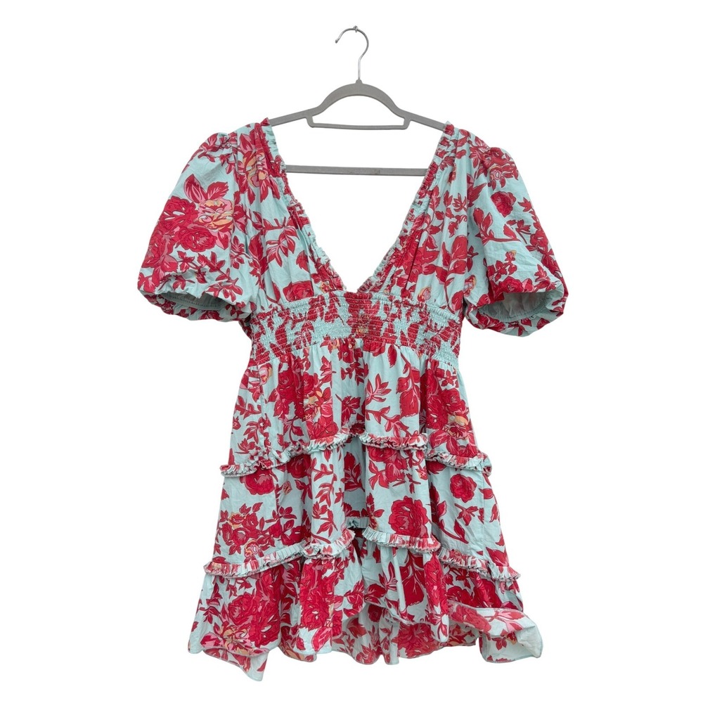 Caroline Constas Red Floral Puff Sleeve Tiered Mini Dress Size L Cotton Boho - Picture 2 of 7